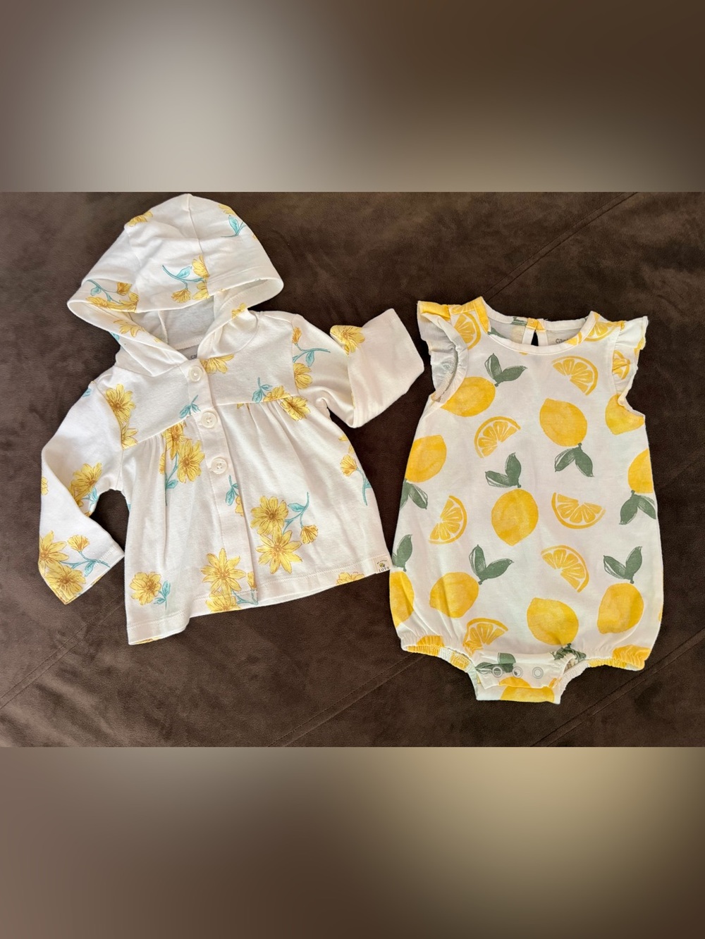 Baby Girl Lemon Print Romper & Floral Hooded Jacket - Yellow & Green BUNDLE
